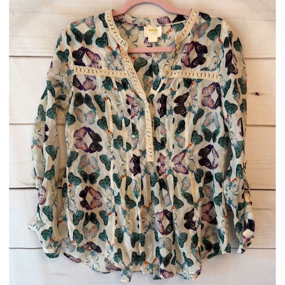 Maeve Anthropologie Butterfly Print Cotton Lace Trim Boho Blouse Top Size 6